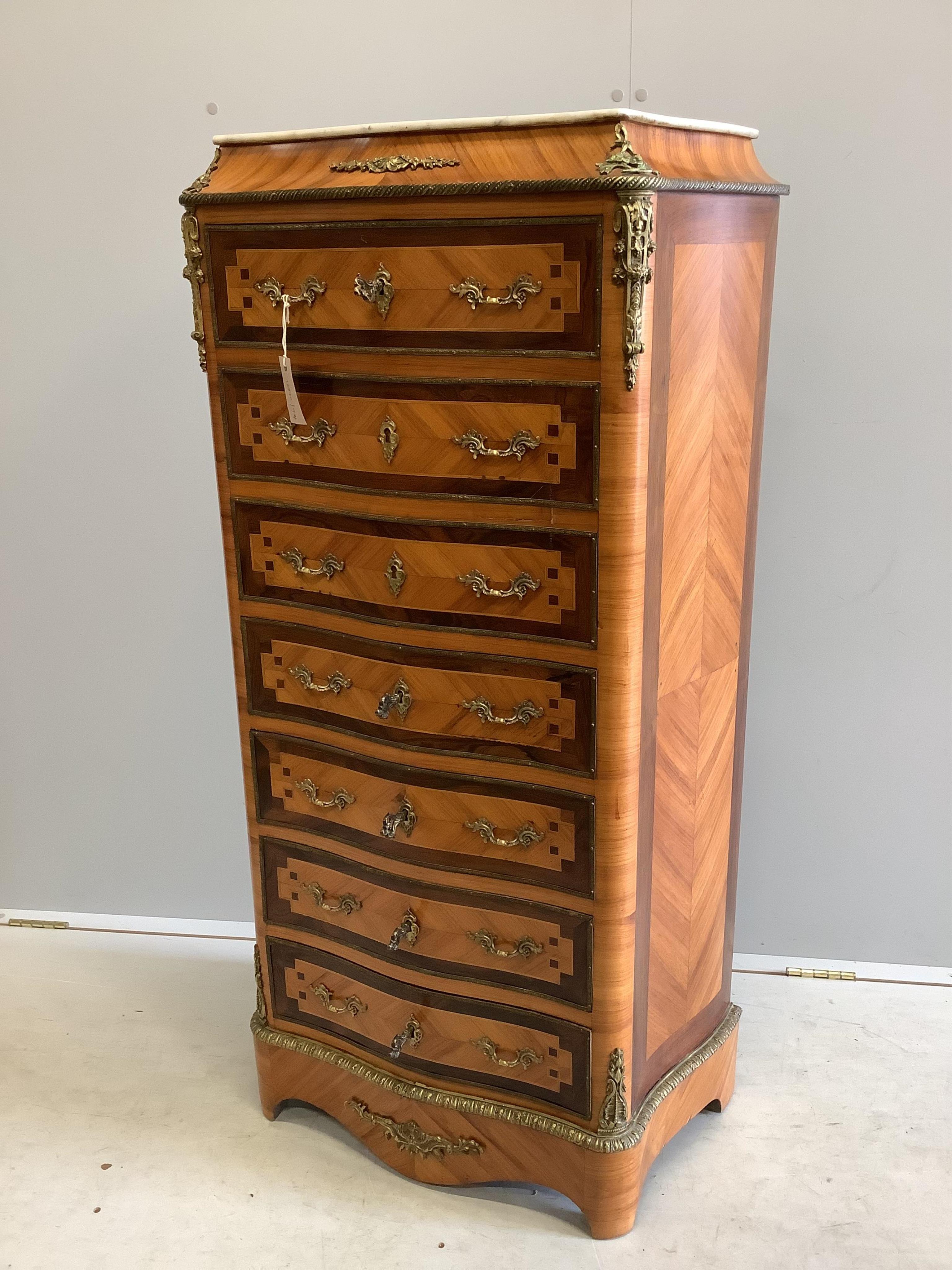 A Napoleon III style gilt metal mounted kingwood secretaire tall chest, width 64cm, depth 34cm, height 125cm. Condition - good